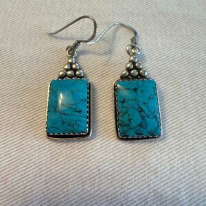 Vintage Sterling Silver Turquoise Rectangle Dangle Earrings | Southwestern Boho